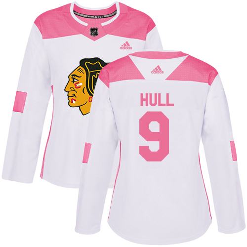 Adidas Blackhawks #9 Bobby Hull White/Pink Authentic Fashion Women's Stitched NHL Jersey - Click Image to Close
